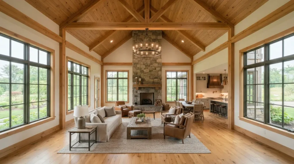 Living room with a symmetrical cathedral ceiling and visible center ridge beam