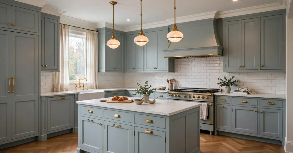 Muted gray toned light blue kitchen cabinets timeless design

