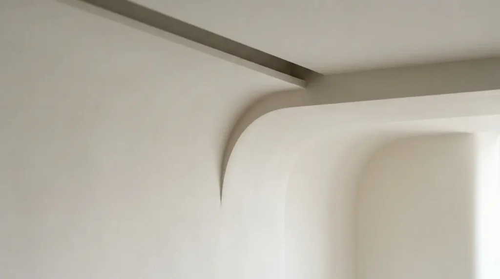 Close-up of a top reveal coved ceiling showing the step and shadow line where the curve meets the ceiling
