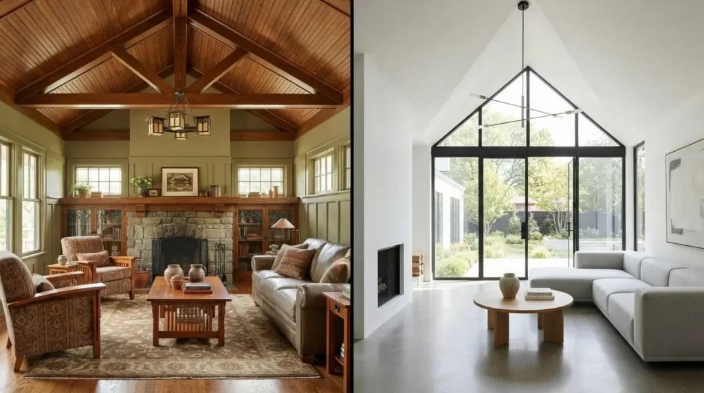 Two rooms side by side showing traditional cathedral ceiling style and modern vaulted ceiling style
