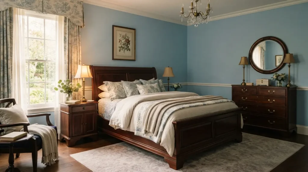Traditional light blue bedroom with dark wood furniture and brass hardware