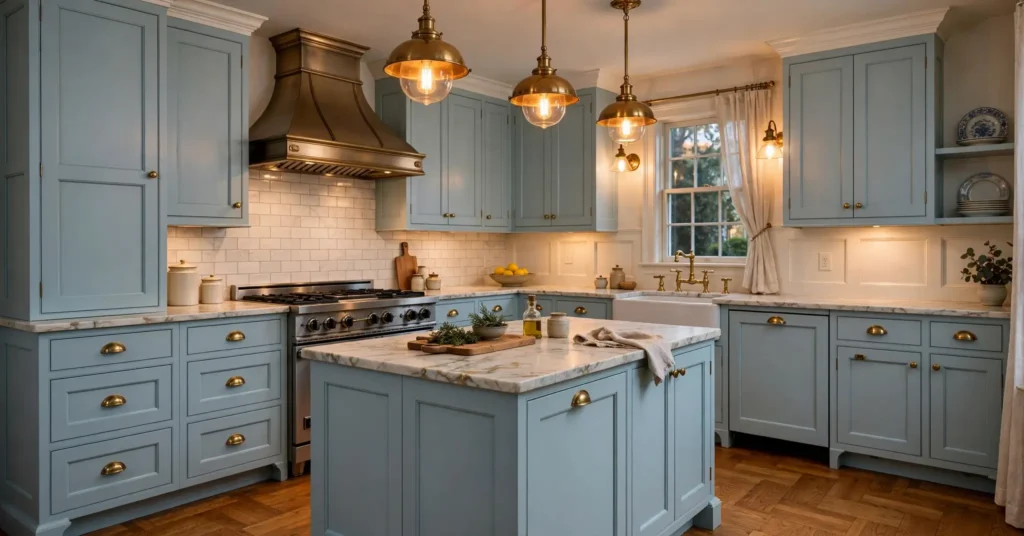 Traditional shaker style light blue kitchen cabinets with brass hardware
