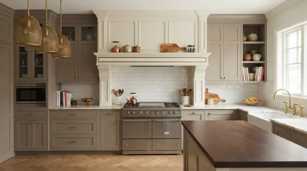 Transitional kitchen with a painted paneled wood range hood and brass trim
