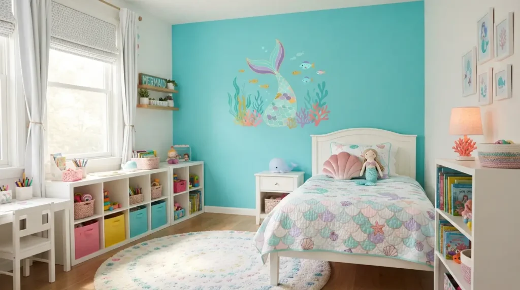 Turquoise accent wall in a young girl's playful bedroom
