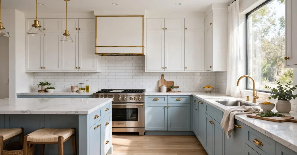 Two tone kitchen with light blue lower cabinets and white upper cabinets