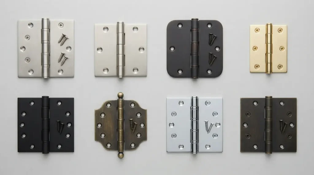 Grid of common door hinge types including butt, ball bearing, and piano hinge
