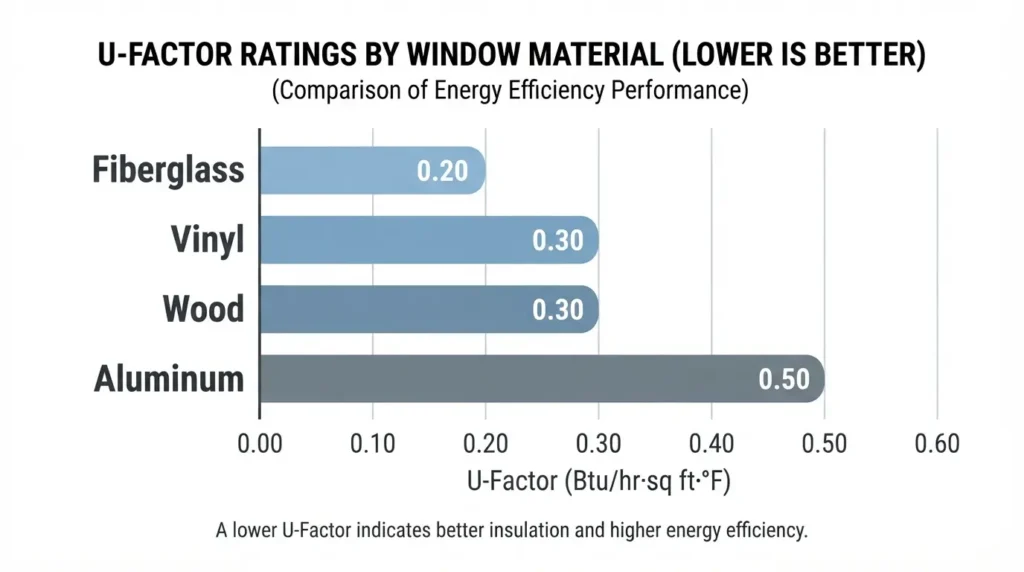 Bar chart comparing average U-Factor ratings of fiberglass, vinyl, wood, and aluminum window frames