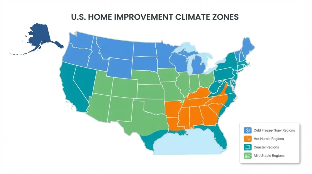 Simple map showing US regions where fiberglass windows perform best based on climate type