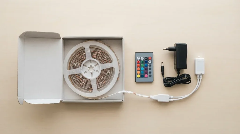An open LED light strip box on a table showing the coiled strip, small remote control, and power adapter included inside
