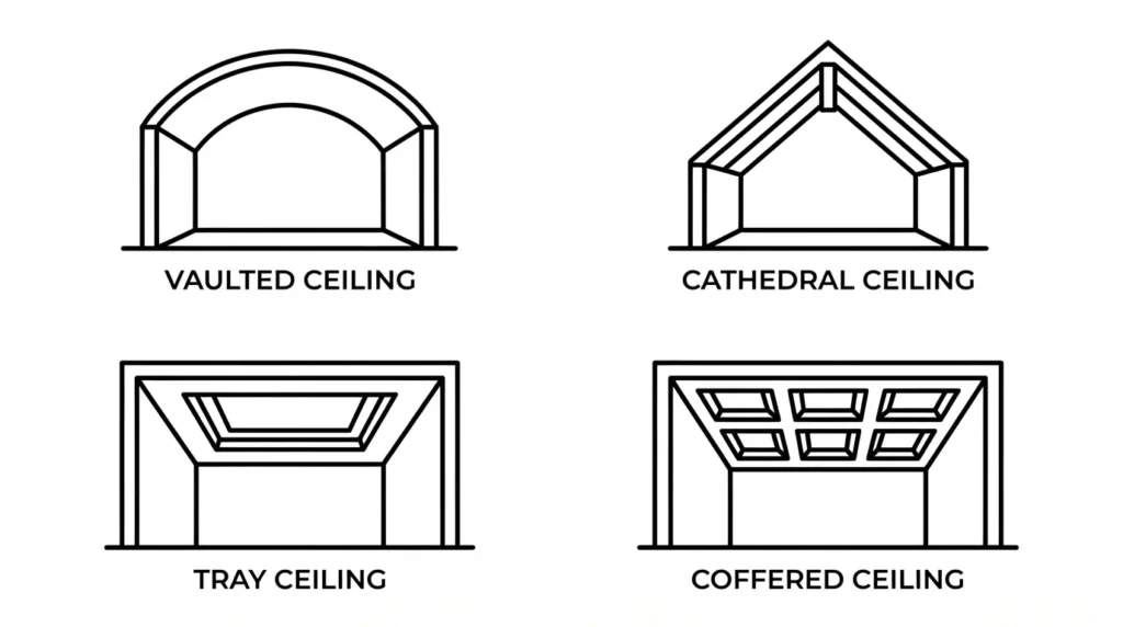 Four panel image comparing vaulted, cathedral, tray, and coffered ceiling styles