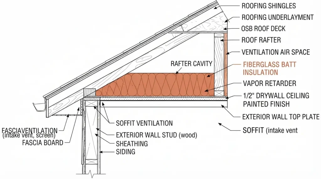 Cross section diagram showing insulation layers inside a vaulted ceiling rafter cavity