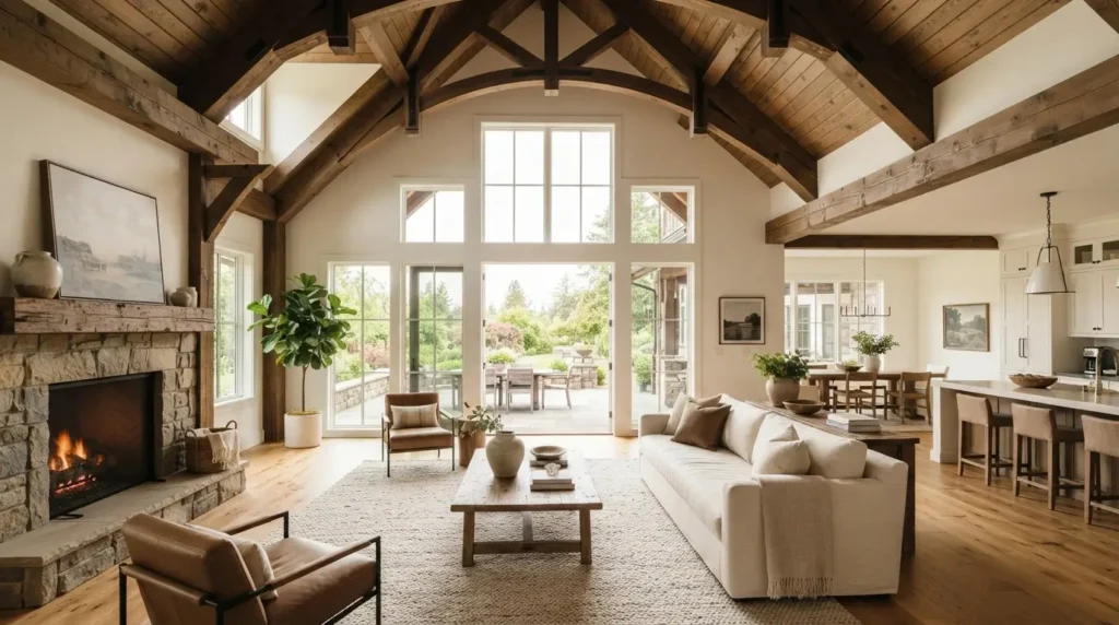 Interior view comparing a vaulted ceiling and a cathedral ceiling in a modern home