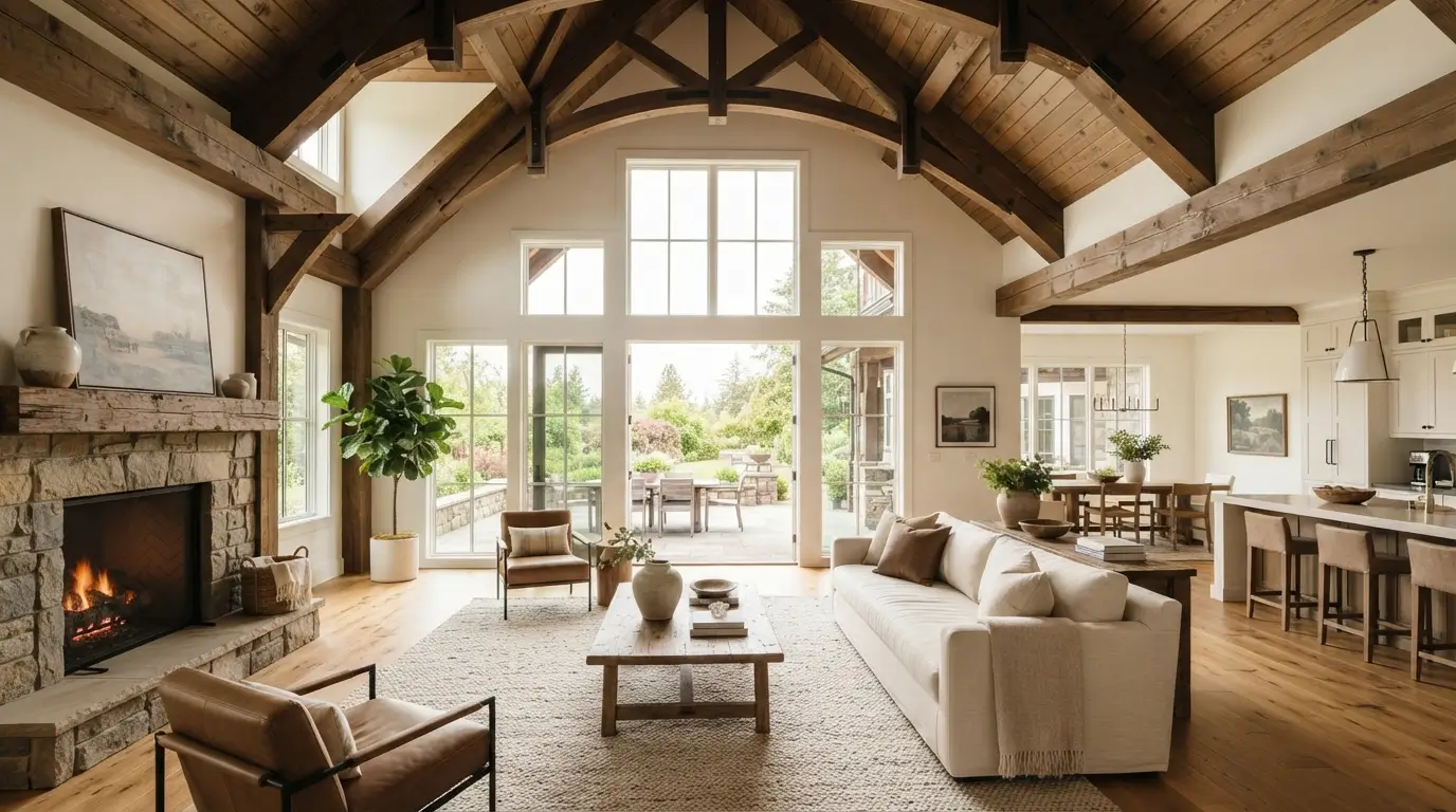 Interior view comparing a vaulted ceiling and a cathedral ceiling in a modern home