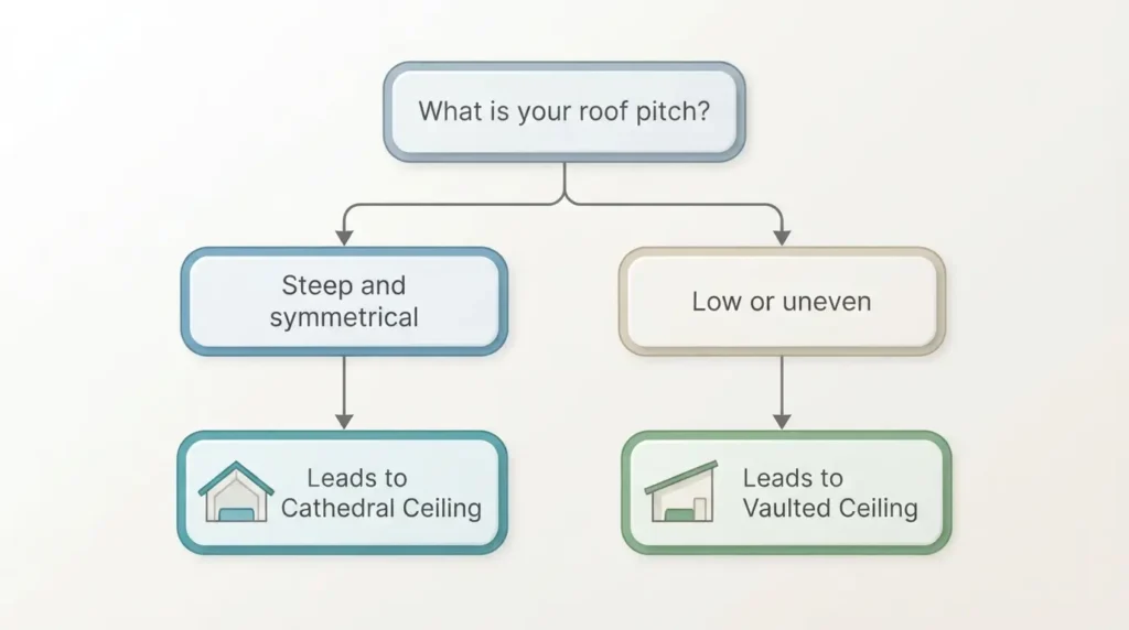 Simple flowchart helping homeowners choose between a vaulted or cathedral ceiling

