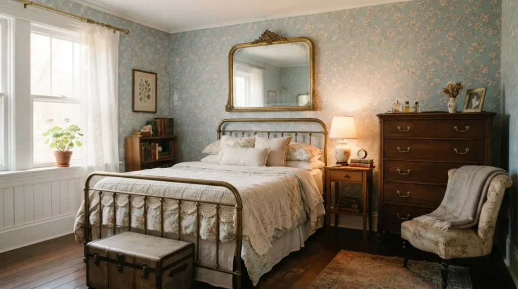 Vintage style blue bedroom with floral wallpaper and antique mirror