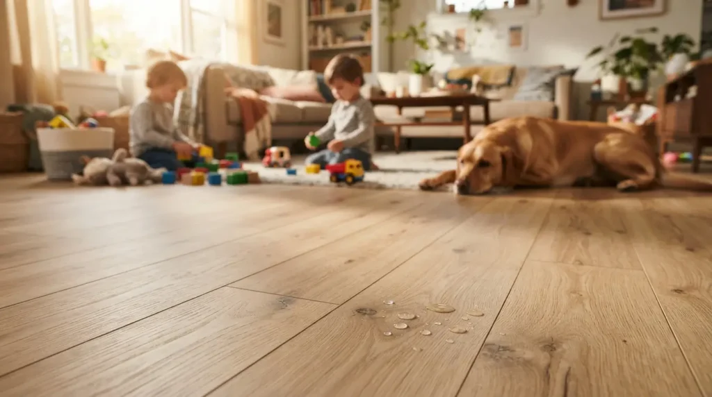 Waterproof vinyl plank flooring in the foreground with a family living room and children playing softly blurred behind

