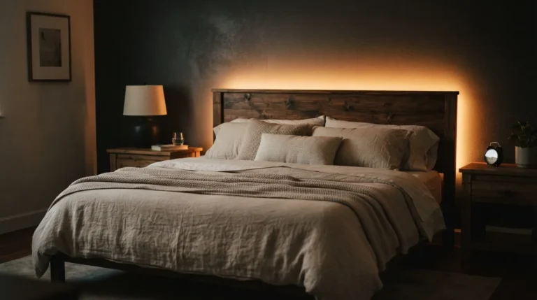 A bed with warm amber LED strip lighting glowing behind the headboard in a dim nighttime bedroom, soft shadows on the wall