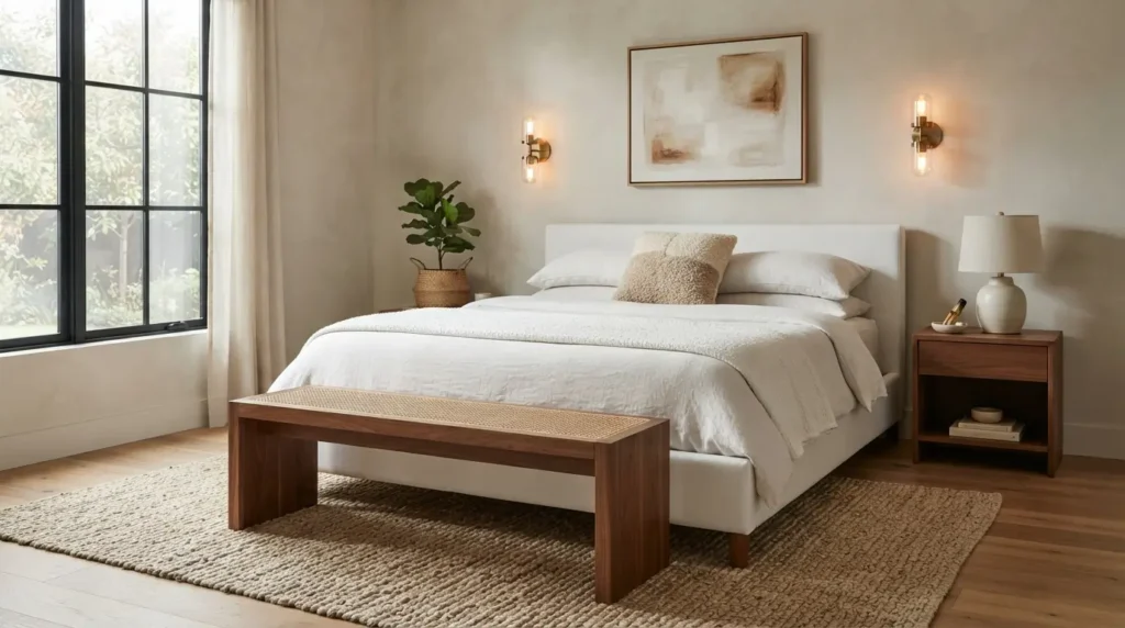 Warm modern white bedroom with wood furniture and woven rug