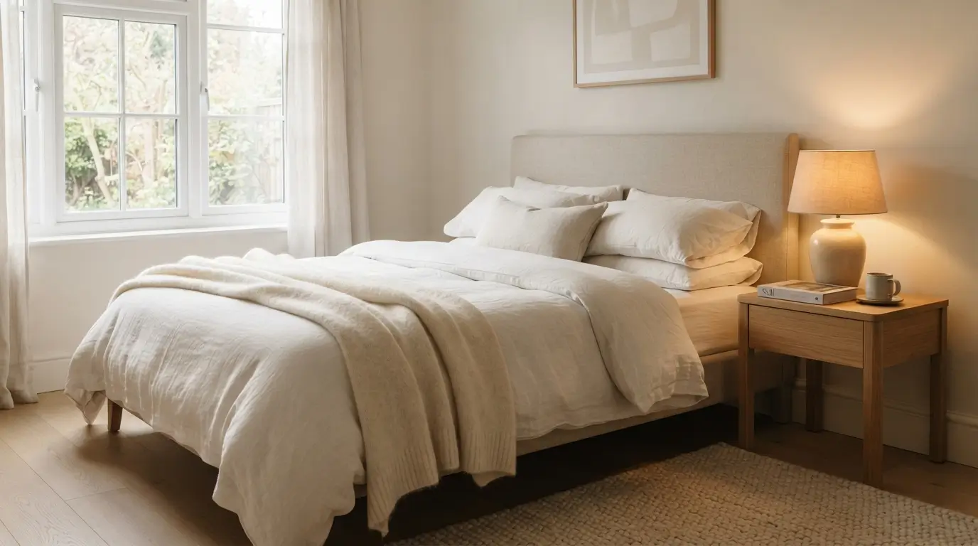 Warm white bedroom with layered textures and soft natural light