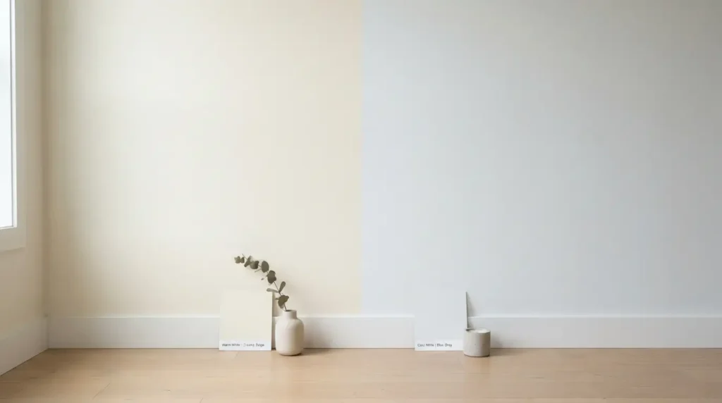 Warm white and cool white paint swatches compared on a bedroom wall