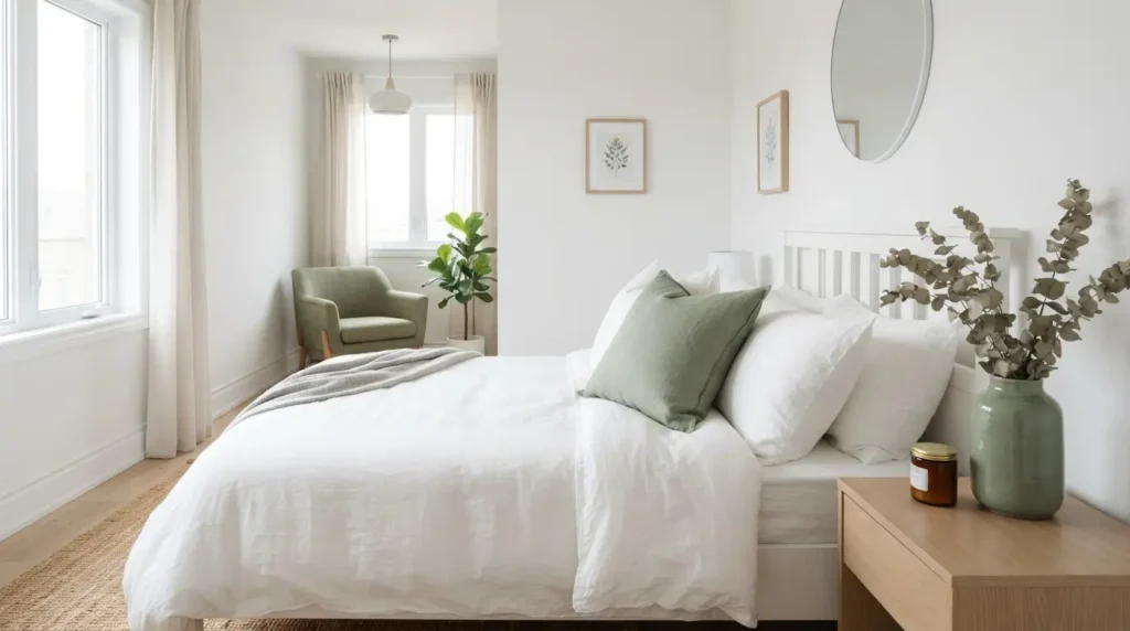 White bedroom with sage green accent pillows and vase
