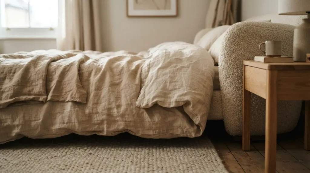 Layered textures in a white bedroom including linen and wood
