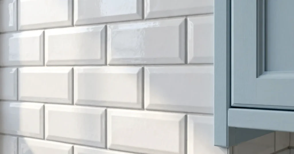 White subway tile backsplash paired with light blue kitchen cabinets
