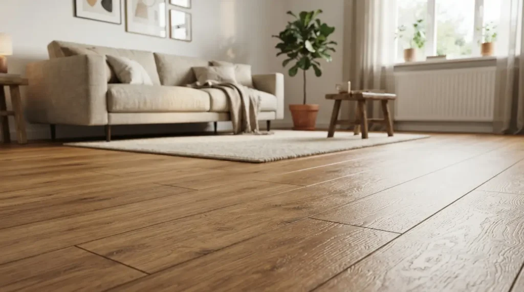 Warm oak-look laminate flooring in a cozy modern living room
