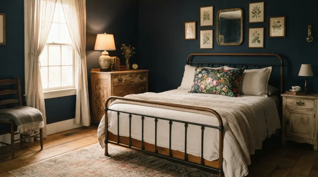 Antique farmhouse style navy blue bedroom with distressed wood