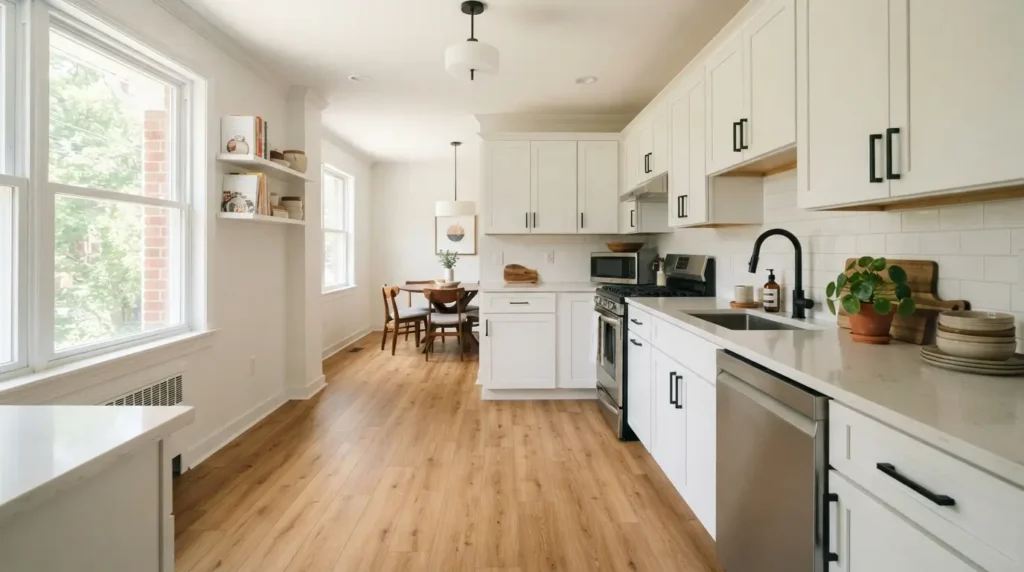 Modern kitchen with best flooring for kitchen renovation, wood-look vinyl planks