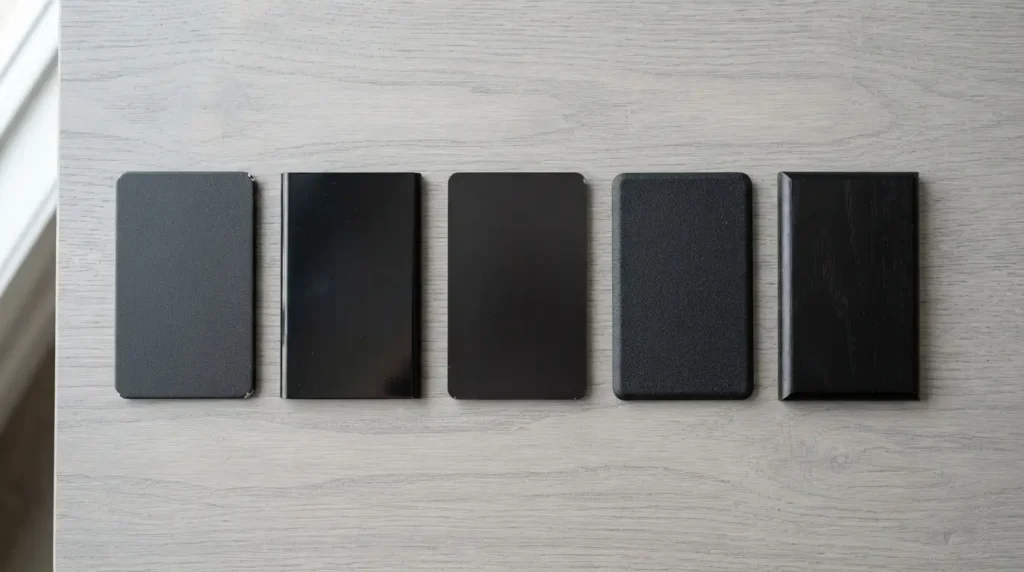 Black window frame material samples arranged for comparison