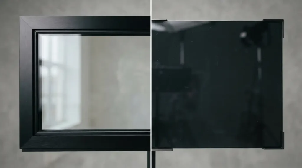 Black window frame compared to black tinted glass panel