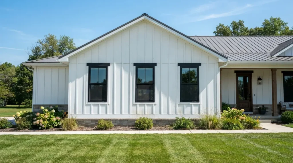 Row of black-framed windows on a modern farmhouse exterior