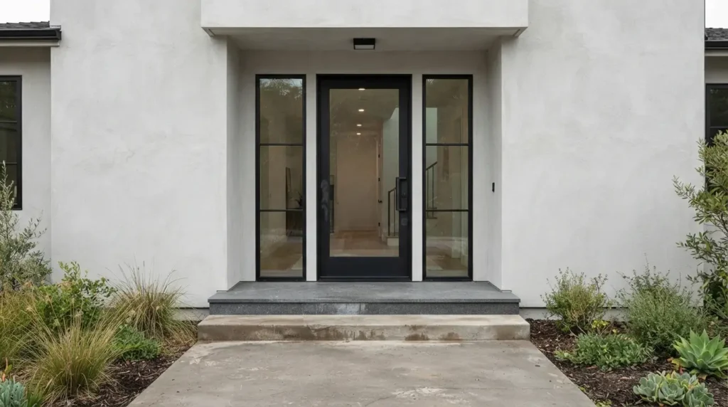 Black-framed glass front door beside black-framed exterior windows