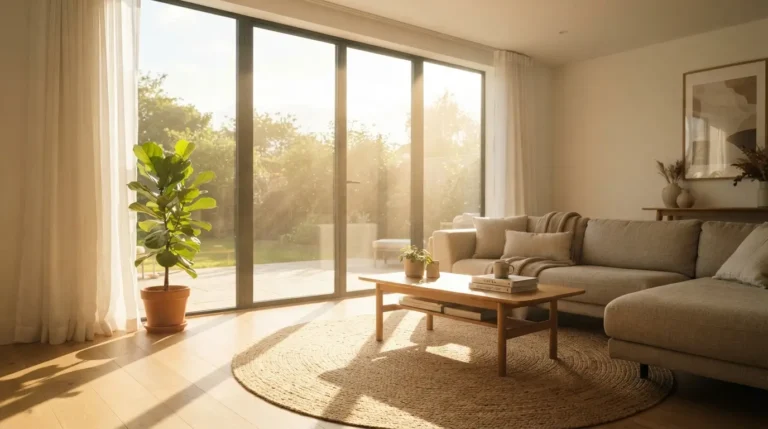 Sunlit living room with large south facing windows and natural light