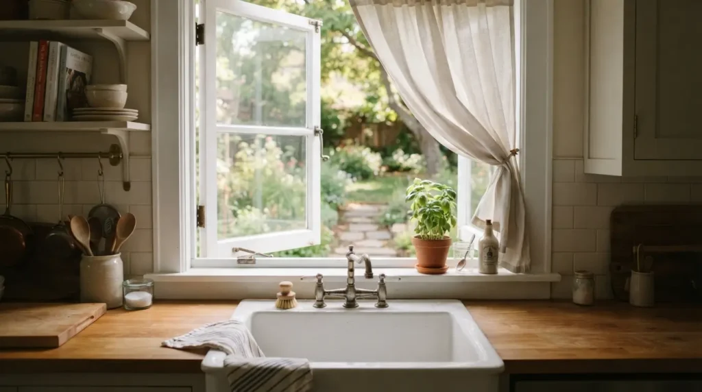 Casement window open above a kitchen sink with natural light
