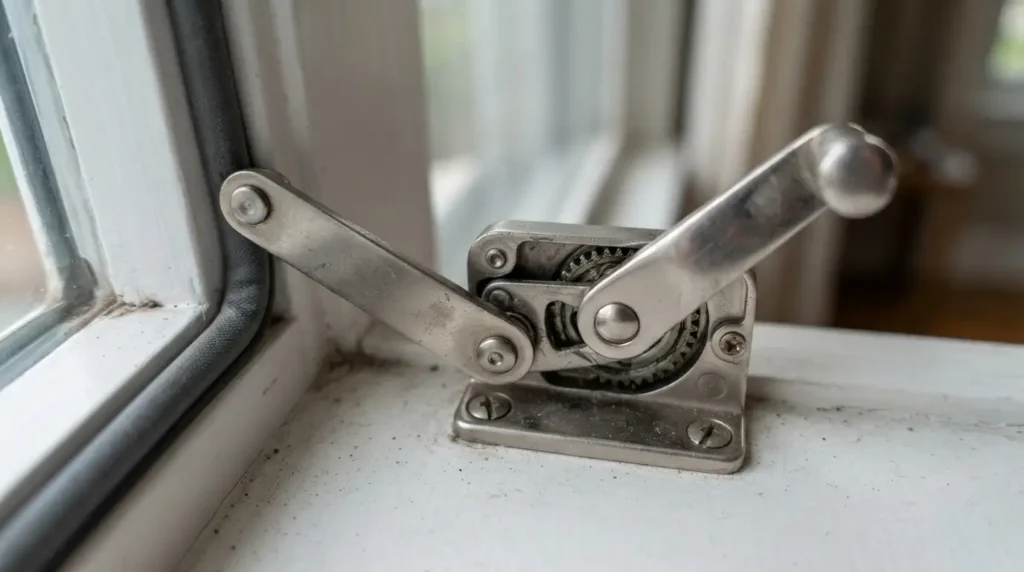 Close up of casement window crank handle and gear mechanism