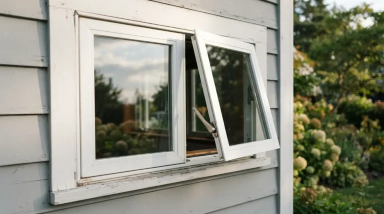 White casement windows open outward with visible crank handle