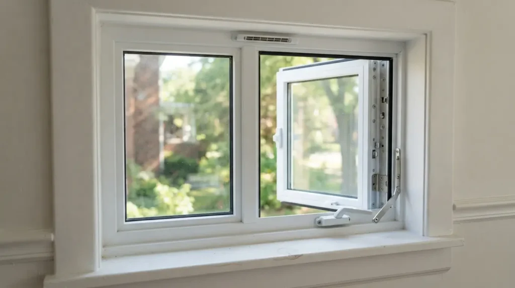 Labelled diagram showing casement window parts including frame sash and sill
