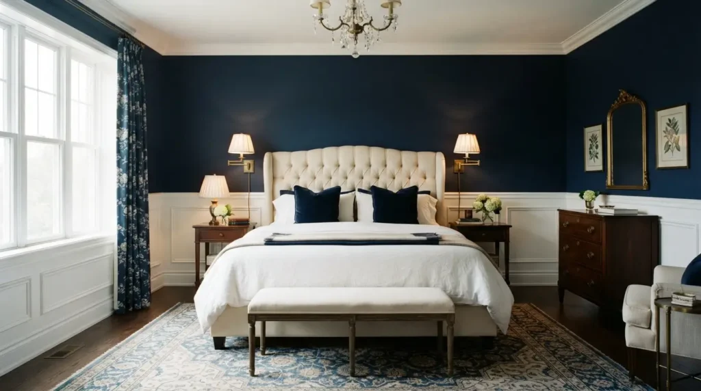 Classic traditional navy blue bedroom with wainscoting and gold accents