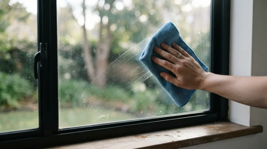 Microfiber cloth wiping a black-framed glass window