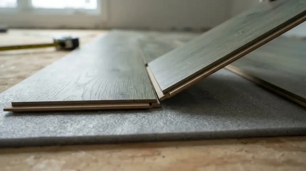 Two grey green laminate planks angled together at the click-lock edge over foam underlay