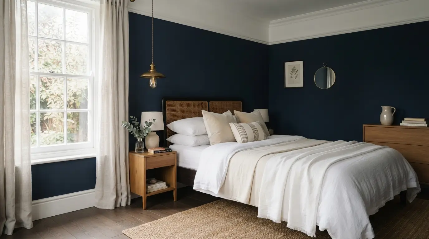Dark blue bedroom with navy walls, white ceiling, and warm brass lighting