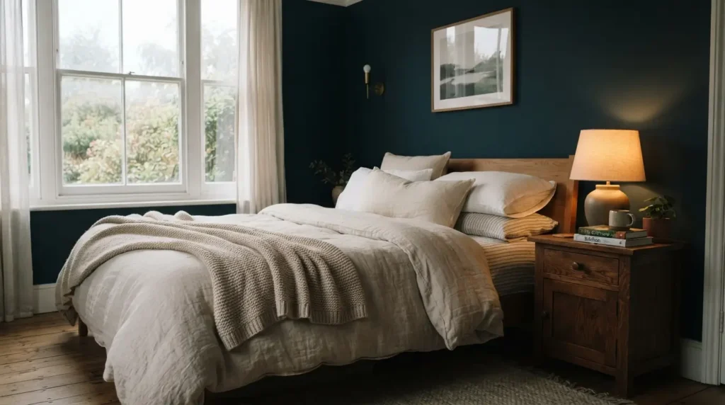 North facing bedroom with deep navy walls and warm lamp lighting