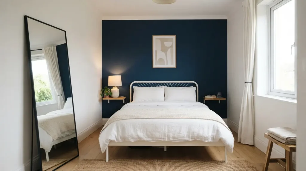 Small bedroom with one navy accent wall and white ceiling to look bigger