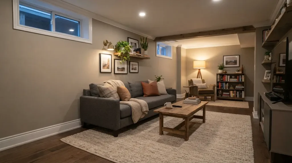 Basement family room painted in Edgecomb Gray with bright white trim and low natural light
