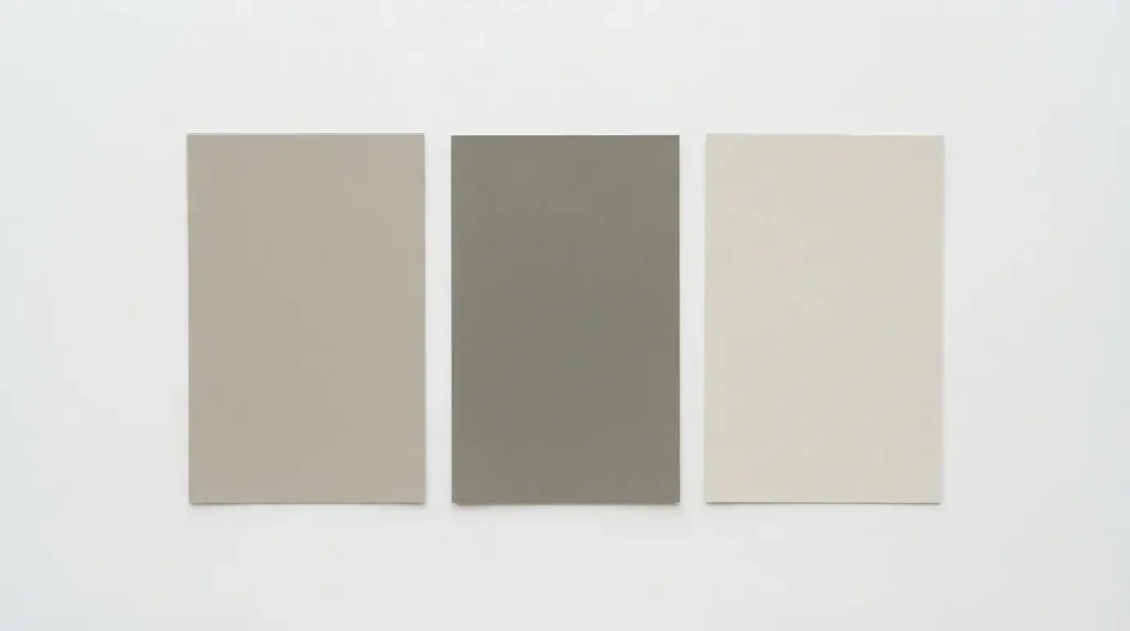 Paint swatches comparing Edgecomb Gray, Revere Pewter, and Pale Oak side by side
