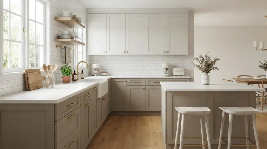 Kitchen cabinets painted in Edgecomb Gray with white quartz countertop and brass hardware