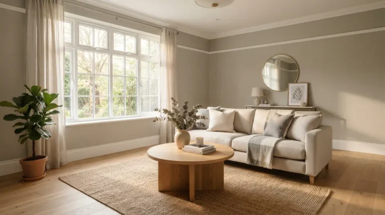 Benjamin Moore Edgecomb Gray HC-173 painted on living room walls with natural light