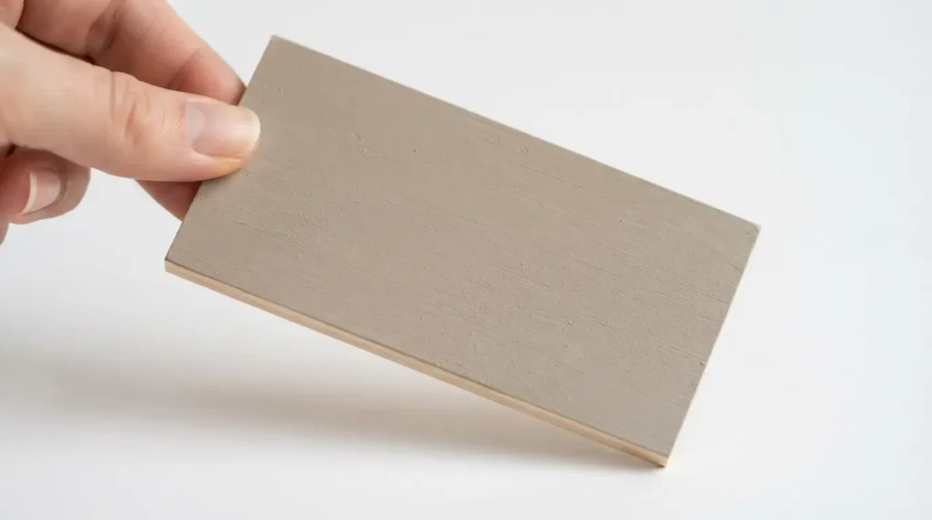  Close up of Benjamin Moore Edgecomb Gray paint swatch showing greige taupe color
